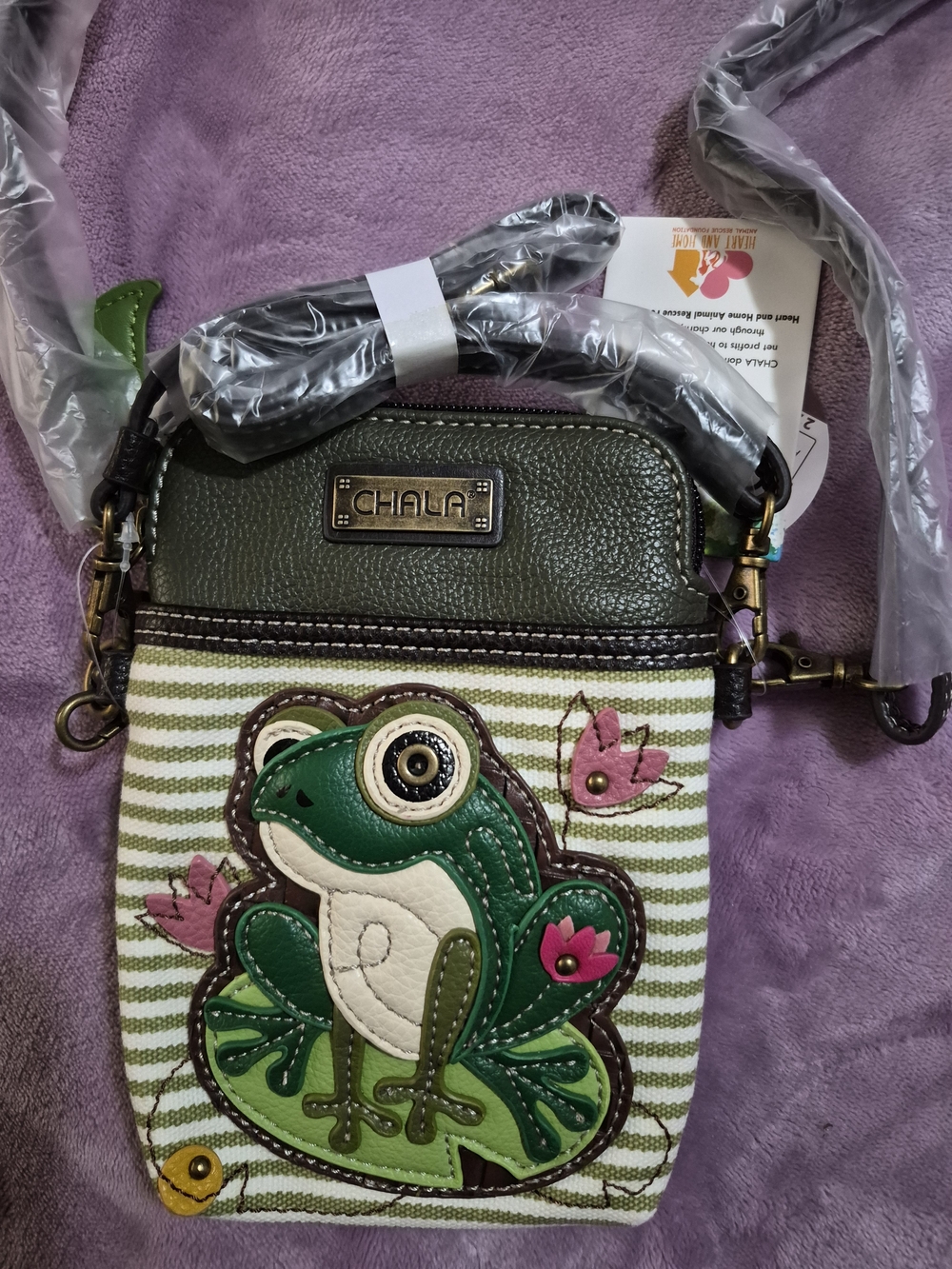 Chala Green Frog Applique Crossbody Bag with Striped Body - Picture 2 of 4
